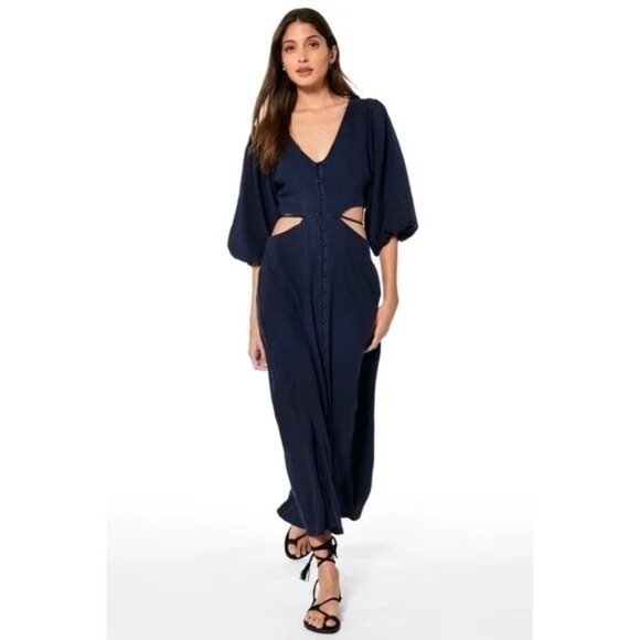 Young Fabulous & Broke NWT Blue Maxi Dress Cut Out Linen YFB Medium - Picture 1 of 6
